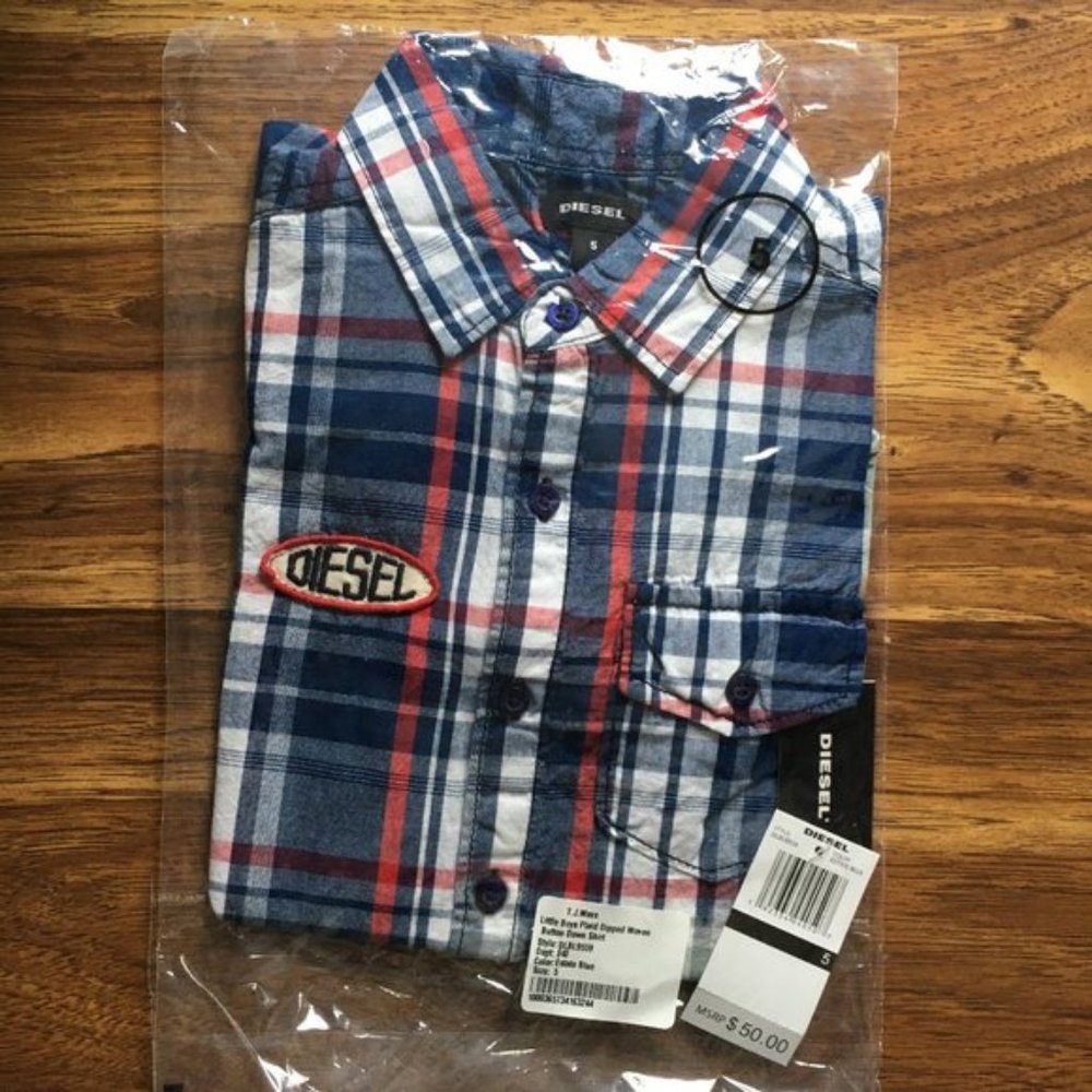Diesel Boys Plaid Dipped Woven Button Down Shirt - Picture 3 of 3